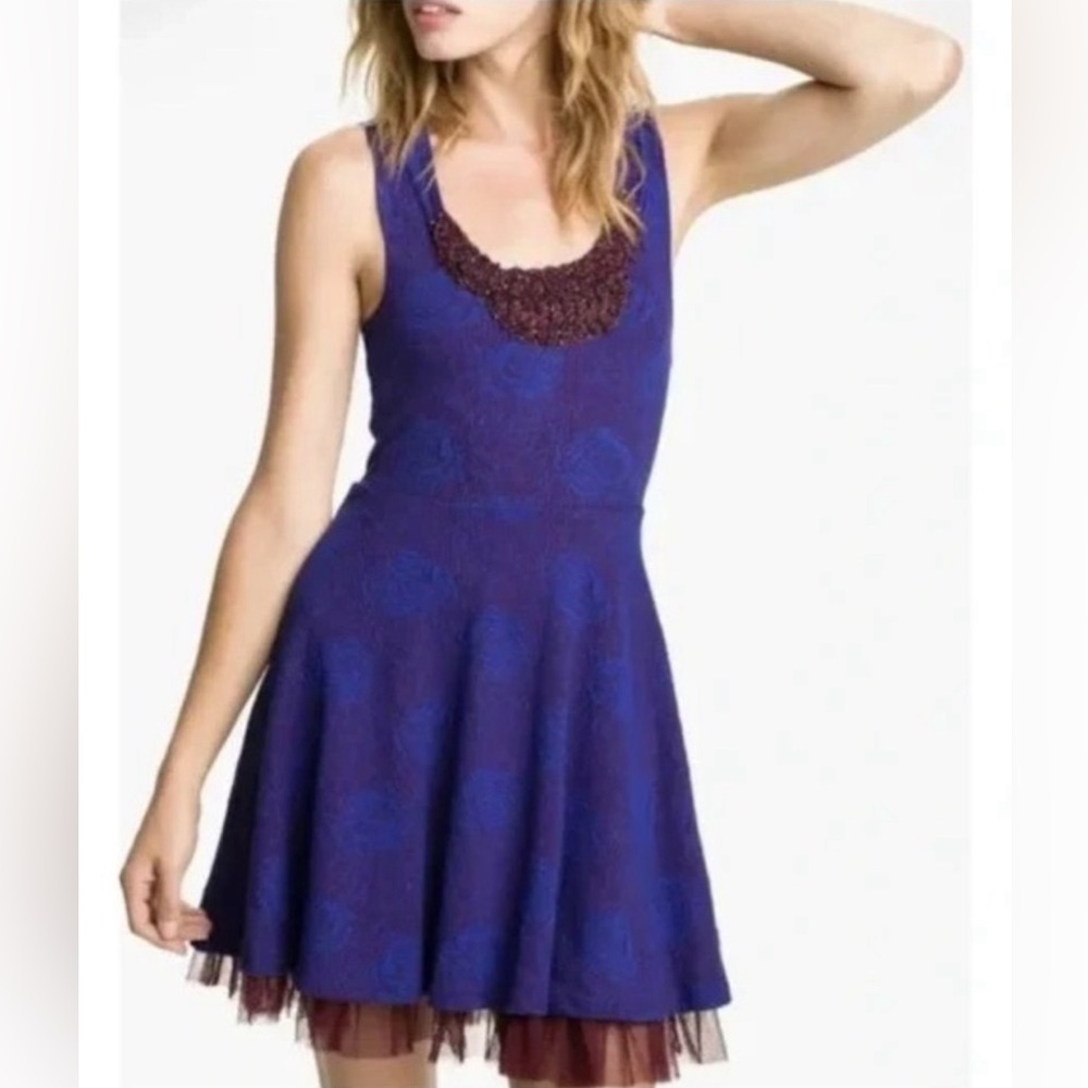 #696 FREE PEOPLE Blue Beaded Tulle Floral Jacquard Fit and Flare Skater Dress